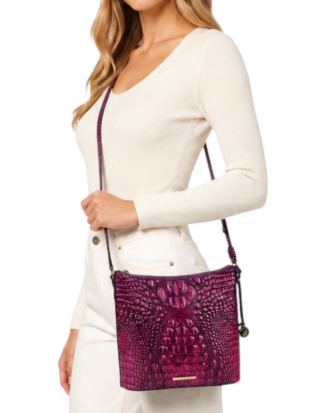 Brahmin Katie Crossbody Bag Metallic Pink Leather Crocodile